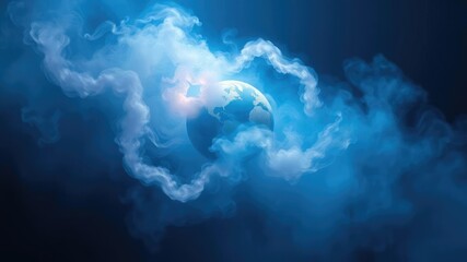 Iridescent mist swirling around an otherworldly celestial body set against a deep blue background, ethereal, mist, background