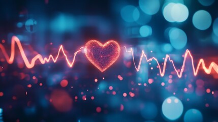 Poster - A dynamic heart waveform overlaid on a faint background of medical equipment, symbolizing the interplay between technology and human health