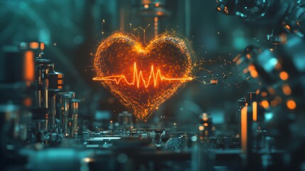 Aufkleber - A dynamic heart waveform overlaid on a faint background of medical equipment, symbolizing the interplay between technology and human health