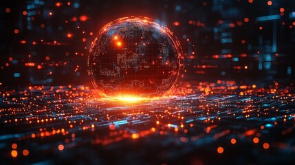 Fototapete - Global Network Visualization: Digital Sphere with Glowing Connections and Data Flow on Tech Circuit Board, Abstract Futuristic Background