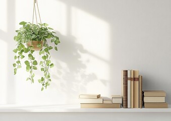 Aufkleber - Minimalist Scandinavian Interior Scene with Hanging Plant and Stacked Books in Bright Natural Light