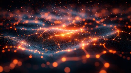 Poster - Glowing Network Topology: Interconnected Orange Nodes and Links in a Simulated 3D Landscape, Representing Data Flow and Advanced Technology