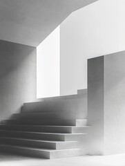 Poster - Minimalist Monochromatic Staircase Design with Soft Natural Light Clean Lines and Geometric Shapes Modern Architecture Photography
