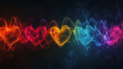Fototapete - A series of heart waveforms depicted in different colors, symbolizing various emotional states, displayed on a dark background for a striking contrast