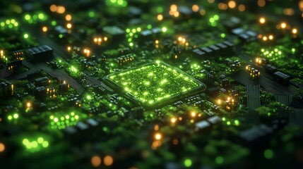Poster - High-Tech Green Circuitry: A Close-Up View of a Microchip with Bright Green Illumination and a Network of Components, Illustrating Advanced Technology