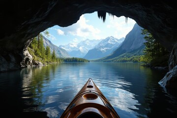 Wall Mural - a kayak is seen in a cave with mountains in the background