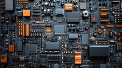 Aufkleber - High-Detail Abstract Motherboard: Complex Network of Electronic Components with Orange Highlights, a Modern Circuitry Design for Technology and Innovation.