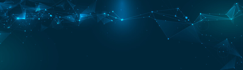 Fototapete - Vector Abstract molecule, internet network connection design for web site. Network Connected lines, dots, technology on blue background. Digital data, communication, cyberspace, futuristic concept