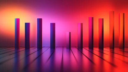 Fototapete - Bright gradient D bars rising from a digital floor with soft reflections, creating a futuristic data display on a neutral backdrop