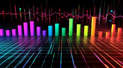 Poster - Dark-themed D bar chart with neon-colored bars and a digital grid base, capturing a futuristic data visualization aesthetic