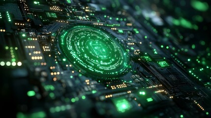 Fototapete - Illuminated Green Circuit Board: Abstract Technology Background with Futuristic Circular Design, Glowing Microchips, and Complex Connections for High-Tech Innovation