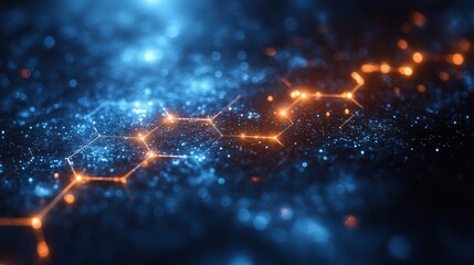 Fototapete - Illuminated Network: Glowing Hexagonal Connections Against a Blurred Blue Particle Background, Representing Science, Technology, and Interconnectivity.