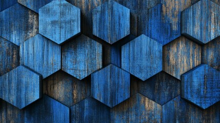 Aufkleber - Hexagonal geometric patterns in cool blue tones, layered with shadows and textures for a modern, tech-inspired graphic background