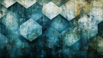 Aufkleber - Hexagonal geometric patterns in cool blue tones, layered with shadows and textures for a modern, tech-inspired graphic background