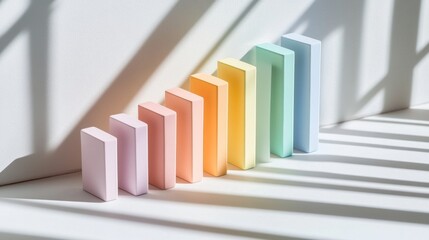Poster - Minimal D bar graph in pastel colors, with shadows cast across a white background, creating a soft and elegant visual
