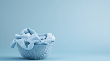 Wall Mural - Light Blue Fabric Pile in Bowl Against Pastel Blue Background. Possible Use Product Photography