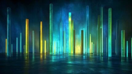 Aufkleber - Tall, glossy D bars in various shades of blue and green, arranged in an upward trend on a dark, textured background