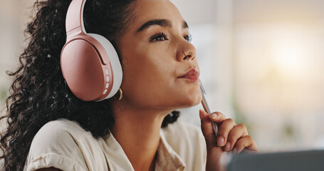 Poster - Student, thinking and woman with headphones on laptop in home for research project, assignment and test. University, college and person for online education, virtual course and distance learning