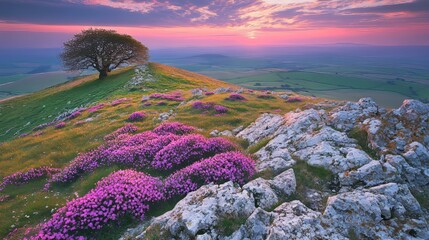 Wall Mural - Rolling hills landscape with a majestic oak tree at sunset