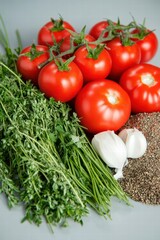 Wall Mural - Fresh Vegetables and Herbs on a Gray Background for Cooking