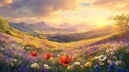 Canvas Print - Lush meadow filled with wildflowers beneath a mountainous landscape