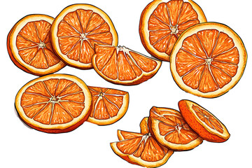 Sticker - Orange isolated set. Collection of ripe juicy orange slices in water drops on a white background PNG.AI GENERATED