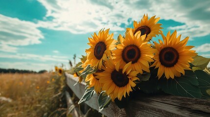 Wall Mural - Artful Arrangement of Sunflowers on Rustic Wooden Board