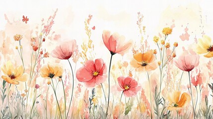 Wall Mural - Colorful Watercolor Illustration of Assorted Spring Flowers