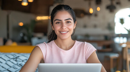 Wall Mural - Arabian woman in sleeveless t-shirt working with laptop at beach tropical seaside