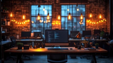 Modern office, programmer coding, night, brick wall, startup