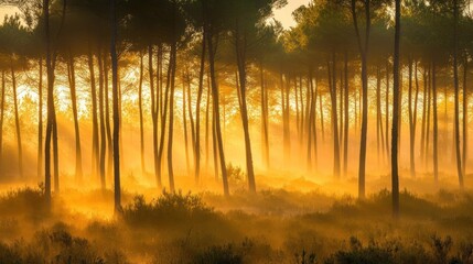 Poster - Morning sunlight shines through trees creating a golden forest scene