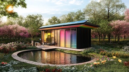 Poster - Modern glass house reflecting colors by tranquil pond in garden