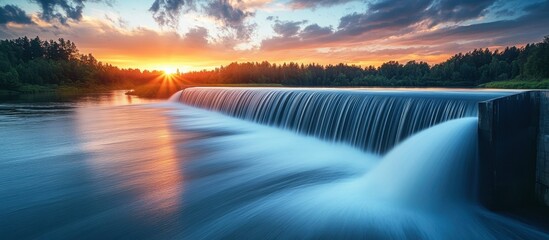 Wall Mural - Stunning Sunset Over Flowing Waterfall with Vibrant Sky and Lush Forest in Serene Natural Landscape