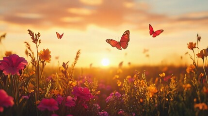 Wall Mural - Vibrant Flower Field at Sunset with Butterflies in the Sky