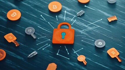 Fototapete - Padlock with cryptographic symbols representing security and encryption concepts in digital technology