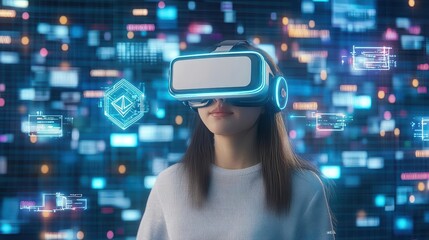 Aufkleber - Woman wearing virtual reality headset experiencing immersive digital environment indoors