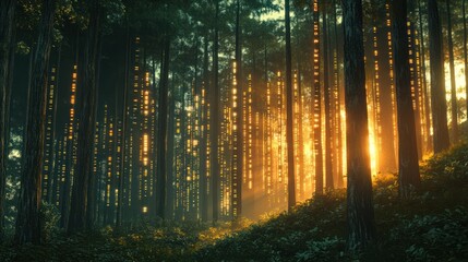 Enchanting sunrise lights forest trees, mystical ambience, nature background, fantasy art