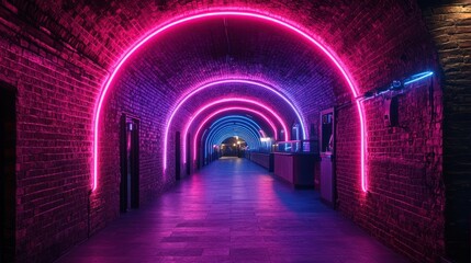 Wall Mural - Neon-lit brick tunnel, vibrant arches, city night, event space