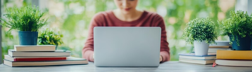 Fototapete - Woman sitting at a table using a laptop with a coffee cup and notebook in a modern workspace