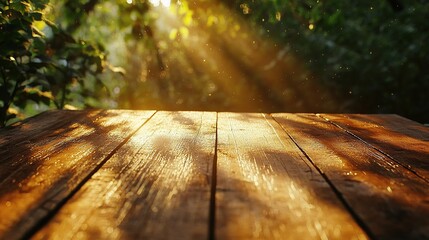 Wall Mural - Sunlit Wooden Surface with Filtering Rays of Sunlight and Shadows