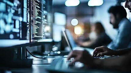 Programmers Working Late on Software Development Project in Modern Office