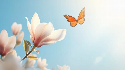 Wall Mural - Beautiful Magnolia Flower with Butterfly in Soft Natural Light