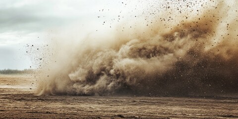 Big cloud of dust exploding over dry soil in a desert landscape