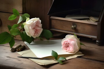 Wall Mural - pink rose on wooden table