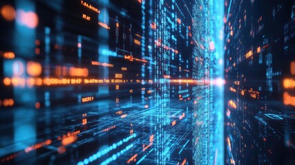 Digital network represents data flow and processing with binary code
