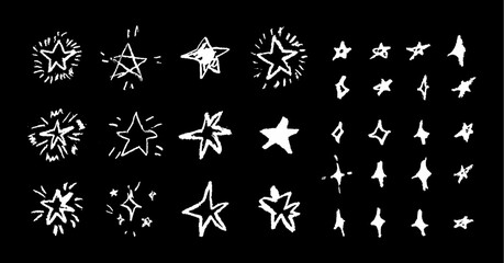 Wall Mural - set of fun like kid drawing white stars. collection of wax pencil texture geometric elements. night 