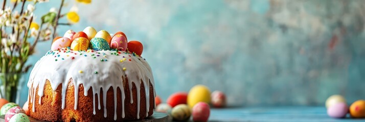 Vibrant orthodox Easter celebration with iced cake and colorful eggs for festive decor. Horizontal banner. Copy space