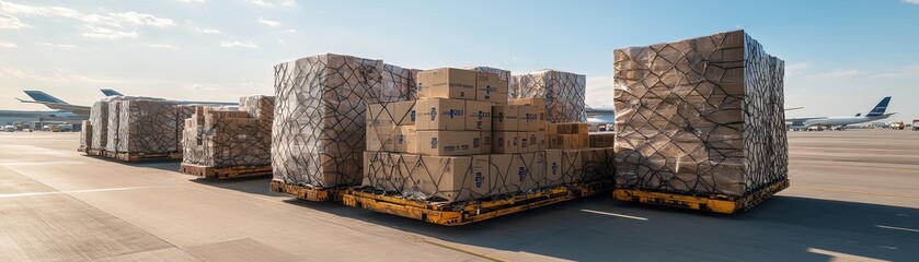 Wall Mural - Cargo Pallets Loaded with Cardboard Boxes on Airport Tarmac with Airplanes in Background Under Clear Blue Sky