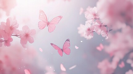 Wall Mural - Delicate Butterflies Amidst Blooming Cherry Blossom Petals