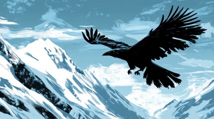 Canvas Print - A solitary black raven soars over snow covered mountains